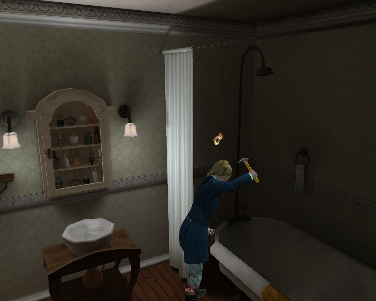 Кэти ломает водопроводную трубу в ванной (игра Однажды в Луизиане, локация - Отель Бомонд)