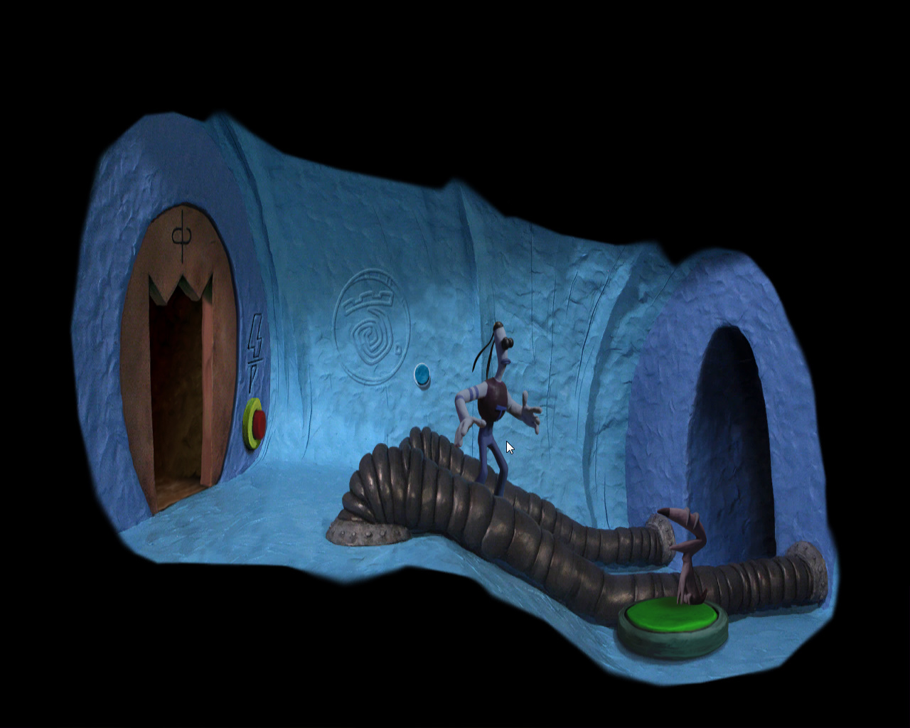 Screenshot из игры Armikrog  - в поисках крыльев для собаки (башня 2)